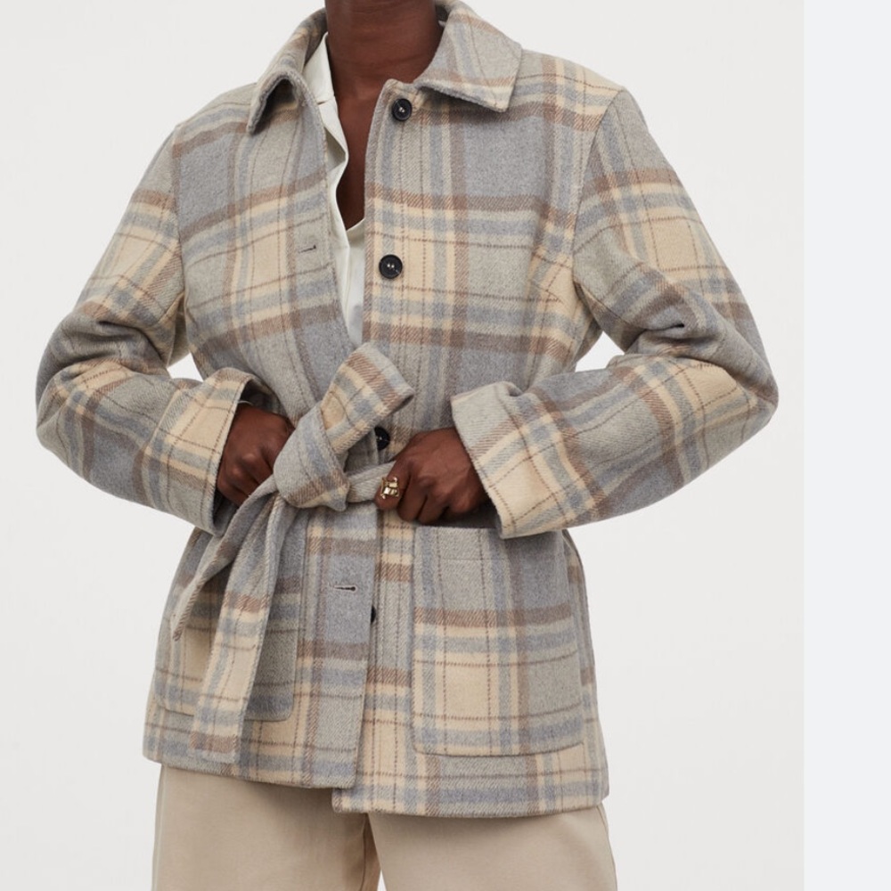 H&M light gray marled checkered tie belted soft jacket shacket Sz M
